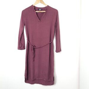 Atmosphere | Burgundy Long Sleeve Shift Dress Belted V-Neck Hi Low Hem 4